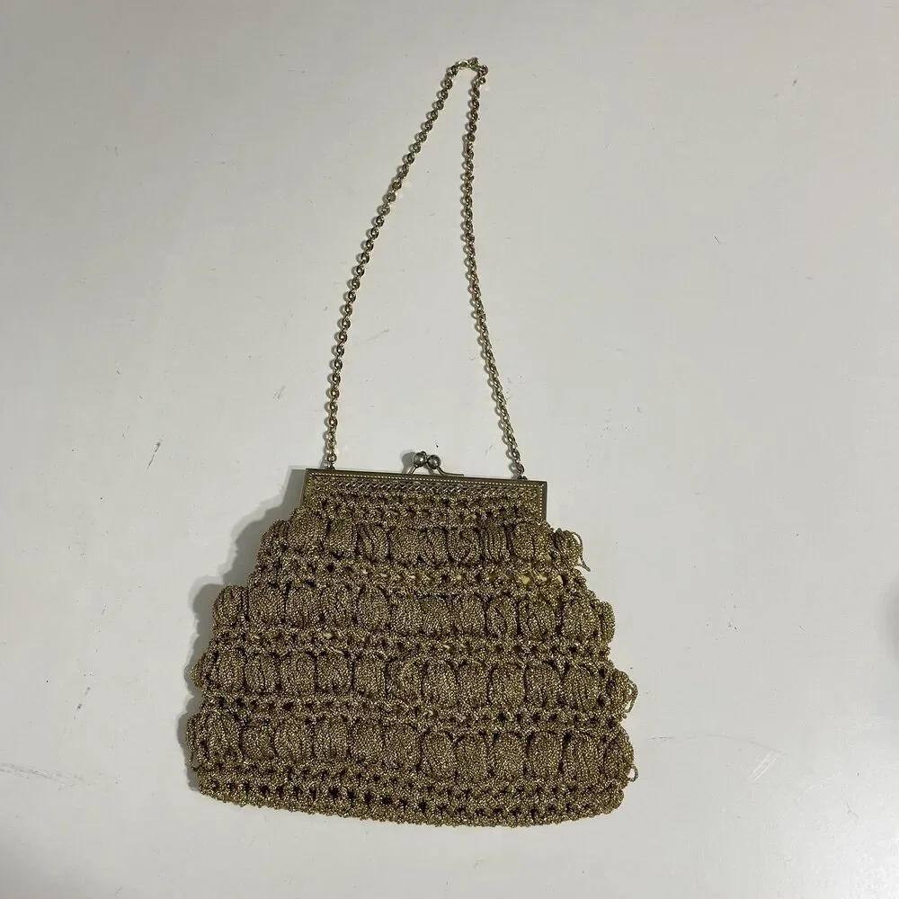 Vintage Delill Shoulder Bag Womens Mini Gold Metallic Crochet Evening Italy